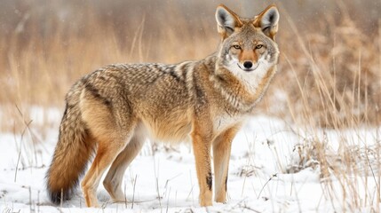 Fototapeta premium Majestic Coyote in Winter Landscape. Wild coyote standing on snow-covered ground, perfect for wildlife photography, nature conservation themes, and outdoor adventure promotions.