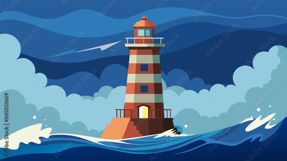 Poster a weatherbeaten lighthouse standing steadfast against the crashing waves representing resilience in 