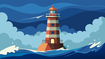 A weatherbeaten lighthouse standing steadfast against the crashing waves representing resilience in the face of chaos.. Vector illustration