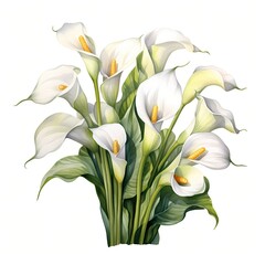 Obraz premium White calla lilies. Calla lily flowers clipart. Watercolor illustration. Generative AI. Detailed illustration.