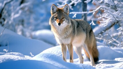 Obraz premium Majestic Coyote Standing in Snowy Wilderness