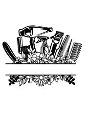 Barber Tools | Hair Cutter | Hair Stylist | Floral Barbershop Signage | Hair Grooming | Hairdresser | Men Salon | Original Illustration | Vector and Clipart | Cutfifle and Stencil