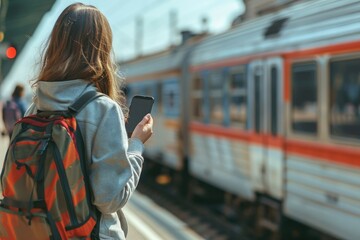 Obraz premium Close up of a woman's hand using mobile phone at railway station