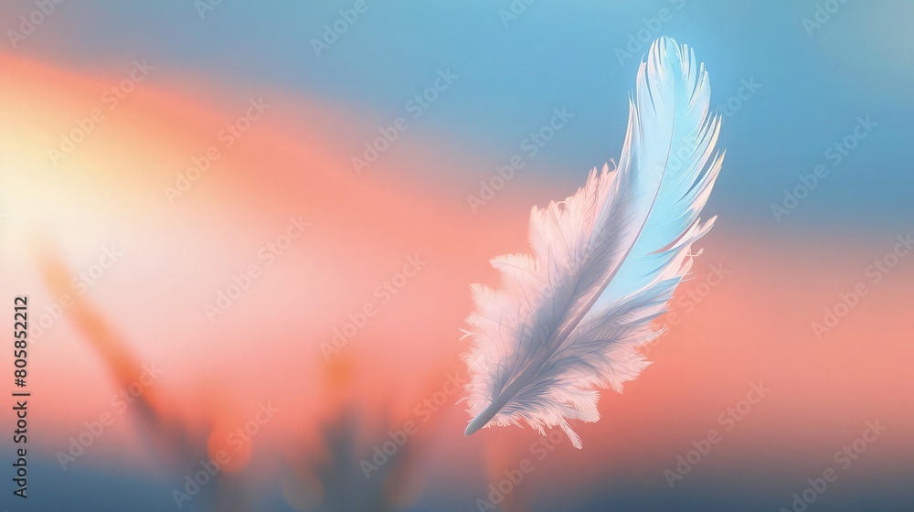 Poster a pristine white feather floating on sunset background with yellow clouds on sky