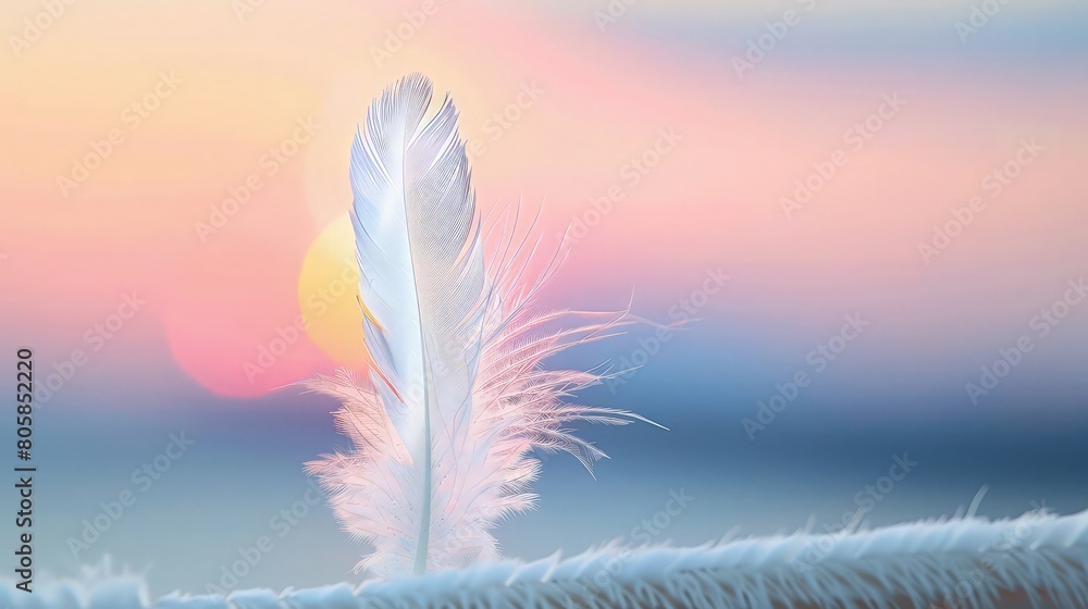 Poster a pristine white feather floating on sunset background with yellow clouds on sky
