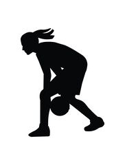 Black silhouette of women's basketball girl player who cross the ball to pass it to a teammate during a competition game