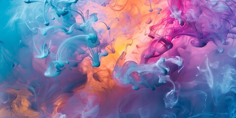 The image is a colorful painting of smoke and steam, with a mix of blue, pink