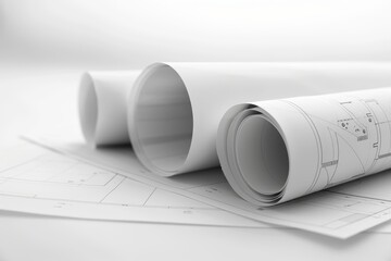 Architectural rolls with technical project drawing on plan for construction designs