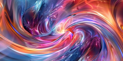A colorful swirl of light and dark colors with a bright orange center