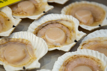 Seafood shell and fish cooked on a grill at the Osaka fish market in Japan.