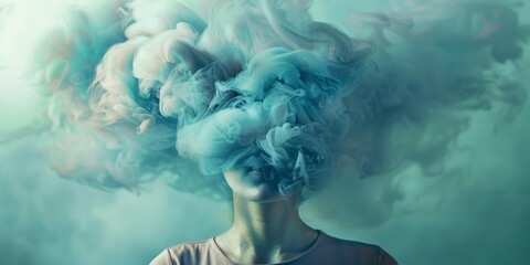 A person's head is covered in smoke, creating a surreal and dreamlike atmosphere