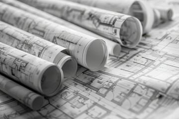 Architectural plan and technical drawing on architectural rolls for construction