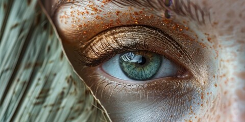 A woman's eye is covered in gold glitter