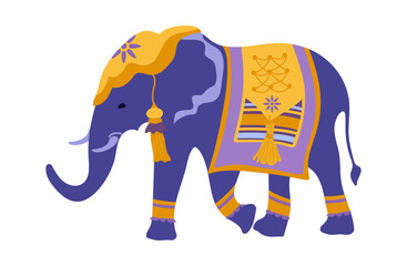  Indian elephant in colorful festive clothes. Cartoon vector illustration on a white background
