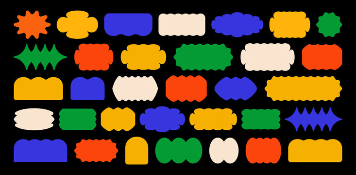 Abstract shape stickers. Vector frame elements set. Label design form graphic kit. Retro bubble badges or logo background. Trendy y2k pop art cartoon icon pack. Abstract geometric shapes, patches