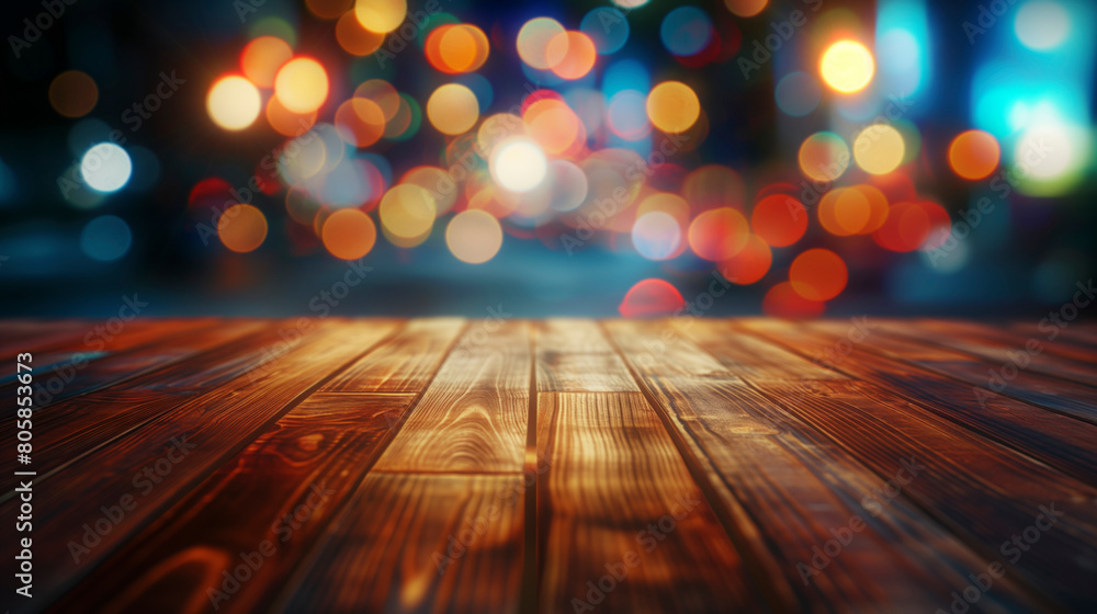 Poster a wooden table with a blurry background. the table is empty and the background is filled with bright