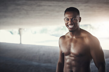 Smile, fitness and portrait of black man with muscles for body building, strength and workout....
