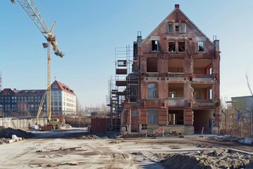 Fototapeta premium Newly constructed buildings with a construction site and architectural floor plans