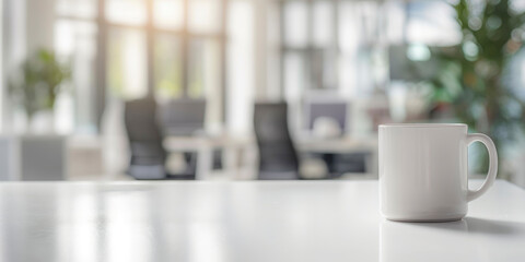 banner, A white coffee cup sits on a table in a room with a view of a potted plant background