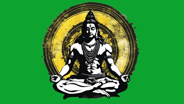 Meditating Hindu God Shiva Against Chakra Background: Seamless Loop Animation, Green Screen, 4K Video