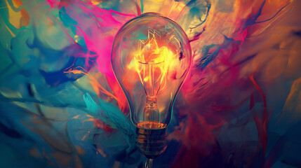  painting of a light bulb against a colorful background.