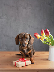 cute dachshund with tulips by the window.