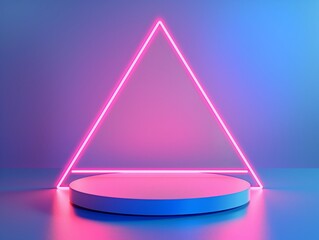 Modern neon-lit triangle and circular podium with vibrant colors suitable for product display.