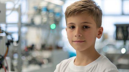 an 11-year-old boy goes to robotics classes in a bright modern laboratory, engineering education of schoolchildren