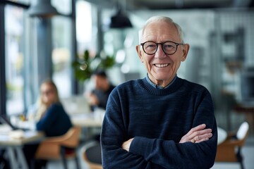 Obraz premium Senior Man Smiling with Arms Crossed in Modern Cafe