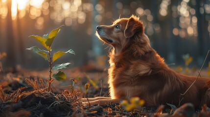 Earthloving dog with a sapling, celebrating Earth Day, soft earth tones, morning , vibrant