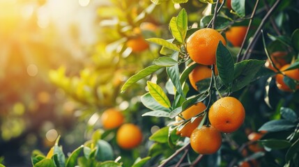 Fresh citrus branches with organic ripe fresh oranges tangerines growing on branches with green leaves in sunny garden