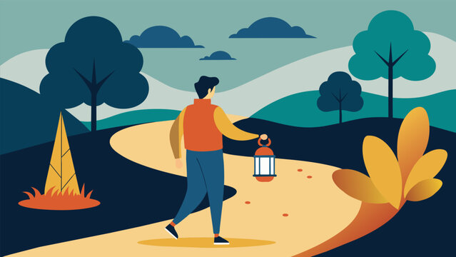 An image of a person walking on a path with a lantern with the prompt Take a walk in nature and reflect on your personal values. How do they guide.