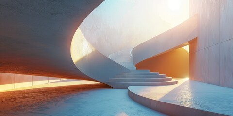 A spiral staircase is shown in a large, empty room