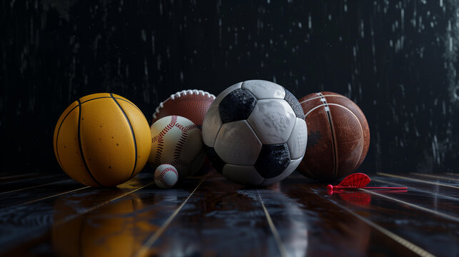 Variety of Sports Balls on Wet Wooden Court Under Rainy Conditions