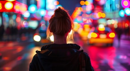 Obraz premium Young Woman Exploring Vibrant City Nightlife