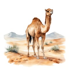 Camel. Camel in desert clipart. Watercolor illustration. Generative AI. Detailed illustration.