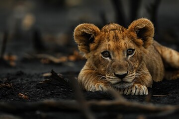 Young Lion Cub Resting in Burnt Savannah Landscape