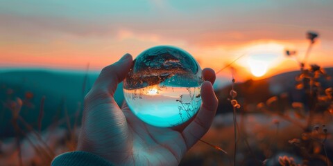 A hand holding a glass ball with a reflection of the sun in it - Powered by Adobe