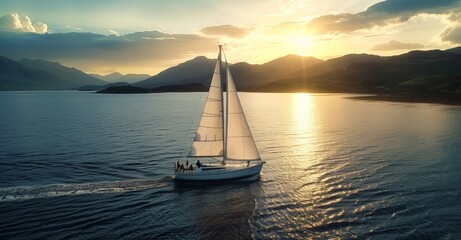 Sailing at Sunset in a Tranquil Mountainous Fjord