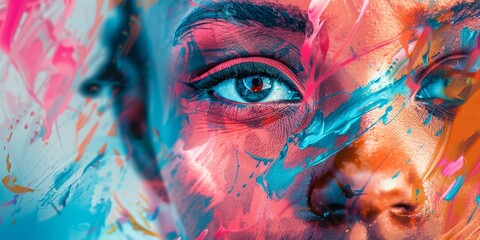 A woman's face is painted with bright colors and has a blue eye