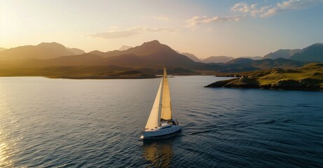 Sailing at Sunset in a Tranquil Mountainous Fjord