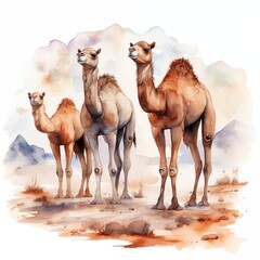 Camels. Camel in desert clipart. Watercolor illustration. Generative AI. Detailed illustration.
