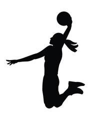 Black silhouette of a women's basketball girl player in profile who jumps high to dunk the ball into the hoop