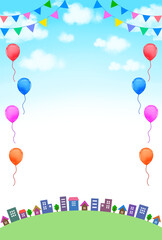 街並み　イベントフレーム　素材　飾り　枠　ガーランド　バルーン　フェス　ゴールデンウィーク　住宅地　住まい　町並み　町　商店街　住宅展示場　モデルハウス　ポップ　おしゃれ　さわやか　シンプル　ポスター　縦長