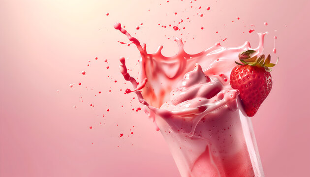 Creative food template. Close up Topping fruit strawberry strawberries with glass of milk milkshake yoghurt smoothie with liquid droplet splash splashing swirl on pink background. copy text space - Powered by Adobe