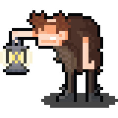 Obraz premium Pixel art cartoon igor character holding lantern