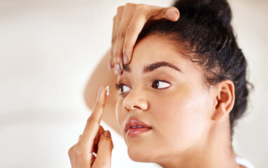 Vision, woman and contact lens in bathroom for health, wellness and eyesight on morning routine in...