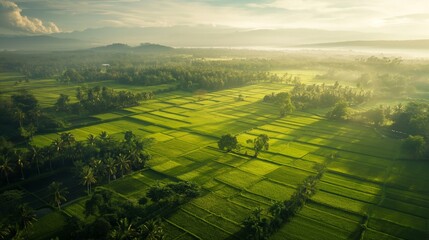 Golden Sunrise Over Expansive Green Rice Fields