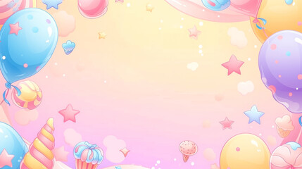 wide frame carnival background for preschoolers in pastel colors, balloons