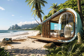 Beachfront Brazilian shacks reimagined with AI and immersive holographic surfing.